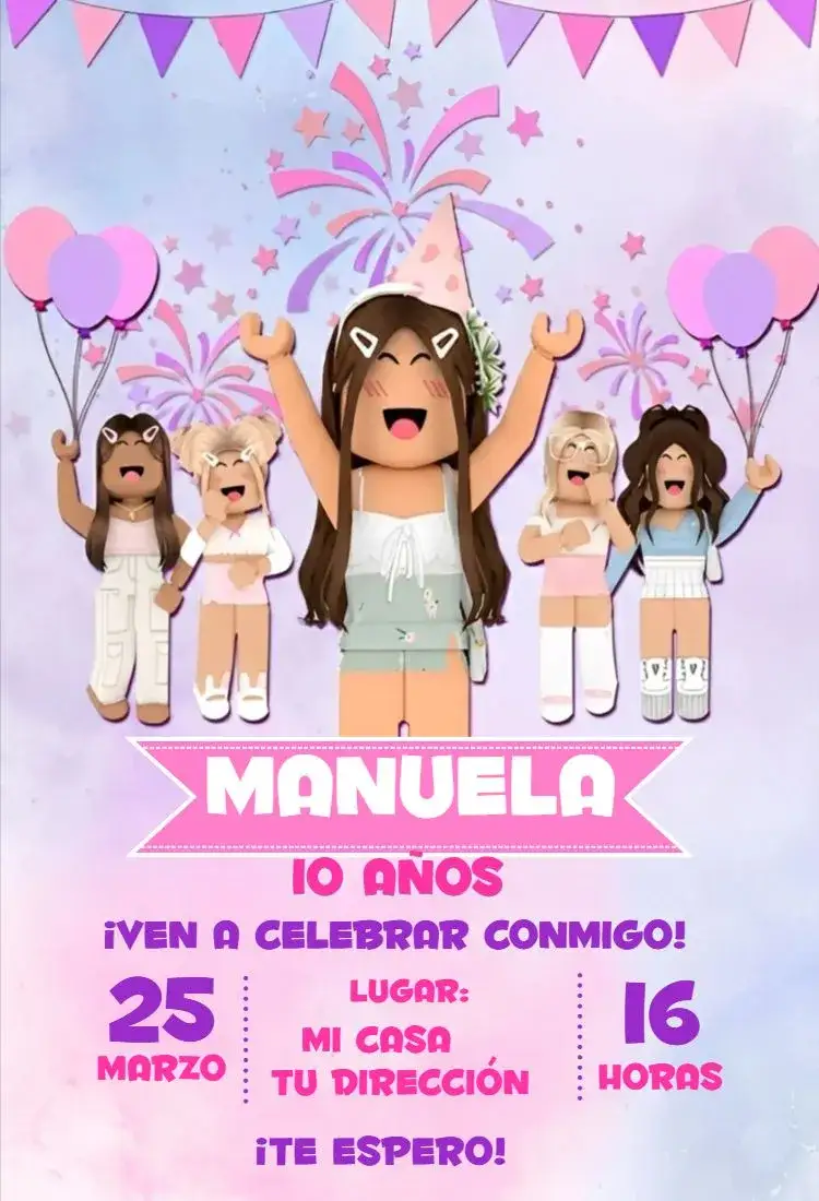 Invitación Roblox Chica 5 – tema Cumpleaños Infantil rosa, lila, púrpura, brillo, lúdico, moderno