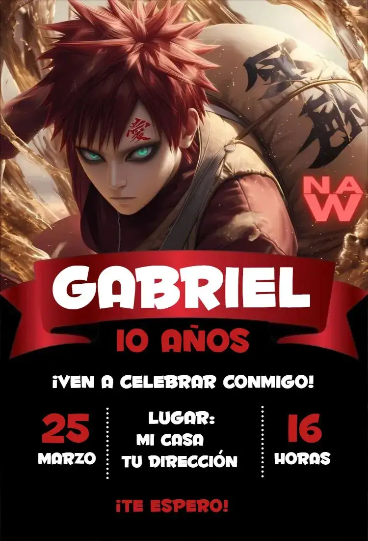 Invitación Gaara 1 – tema Cumpleaños Infantil temática Naruto, colores vibrantes, ilustraciones divertidas, estilo moderno, elementos gráficos de anime