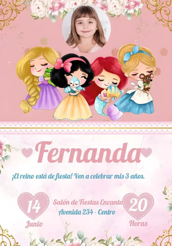 Invitación Princesas De Disney Con Foto Azul