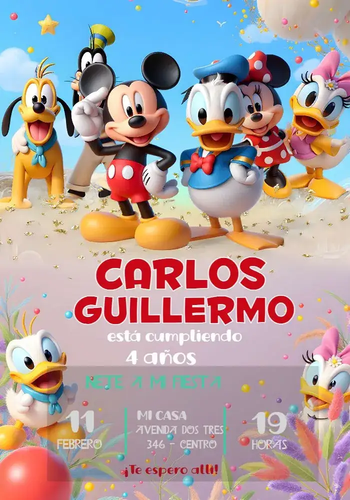 Invitación Turma De Mickey Mouse Disney – tema Cumpleaños Infantil colorido, divertido, temático, infantil, lúdico