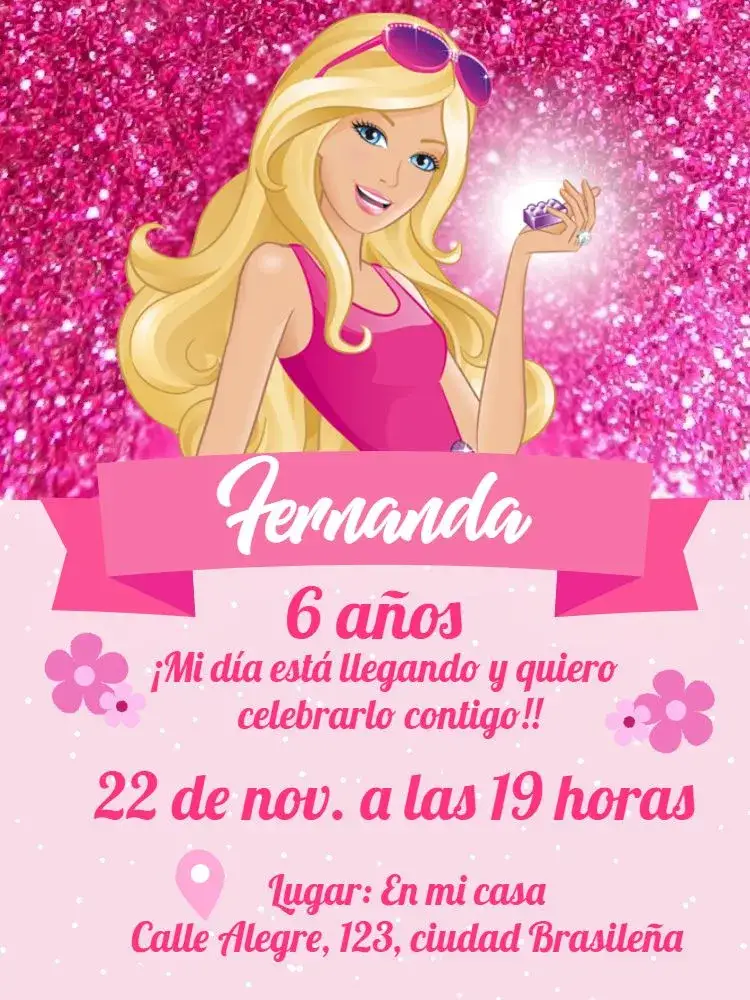 Invitación Barbie Girl Rosa – tema Más buscados rosa, brillo, divertido, femenino, moderno
