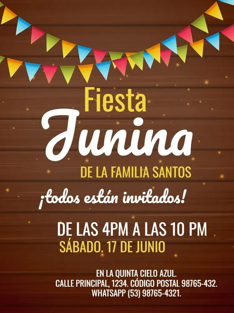 Invitación Fiesta Junina Encuentro Rústico – tema Cumpleaños Infantil rústico, junino, oscuro, colorido, divertido, festivo