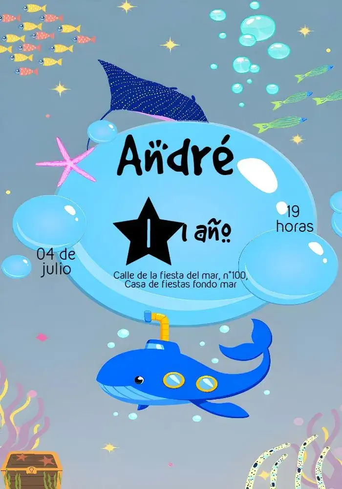 Invitación Fondo Del Mar Rojo – tema Cumpleaños Infantil fondo marino, vibrante, colorido, divertido, temático, infantil