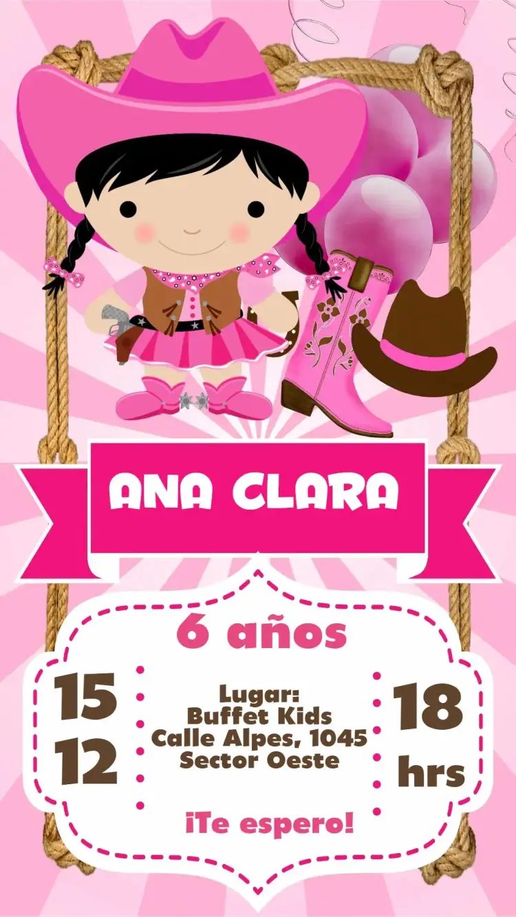 Invitación Fiesta del Rancho – tema Cumpleaños Infantil rosa, divertido, colorido, lúdico, infantil, alegre