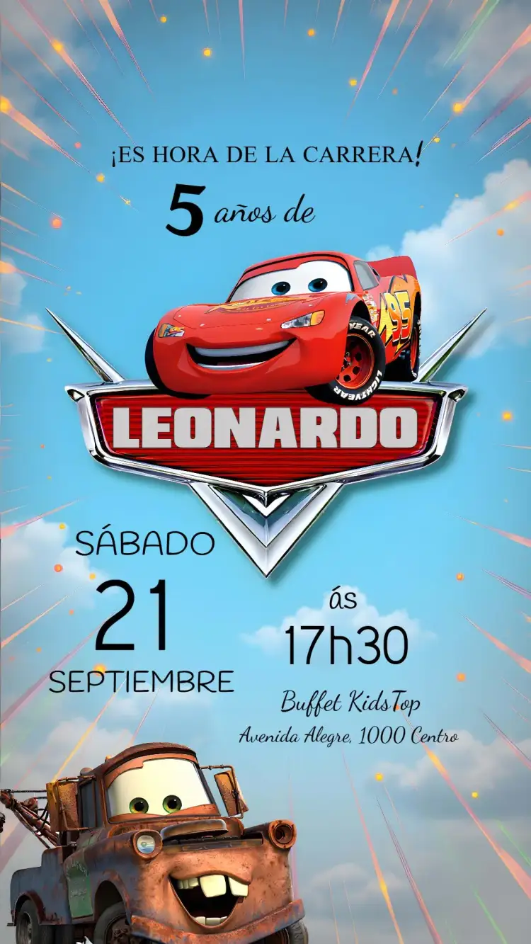 Invitación Carros Disney Relámpago – tema Más buscados colorido, divertido, temática de carrera, estilo de caricatura, vibrante, aventura
