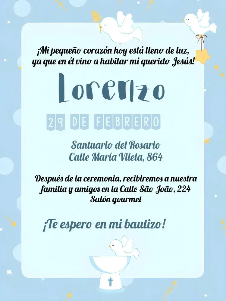 Invitación Bautizo Angelito – tema Primera Comunión colorido, infantil, angelitos, moderno, divertido