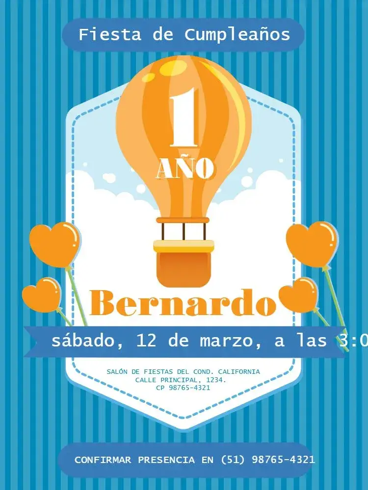 Invitación 1 Año Corazón Azul – tema Cumpleaños Infantil lúdico, azul claro, balões, nubes, corazón, infantil