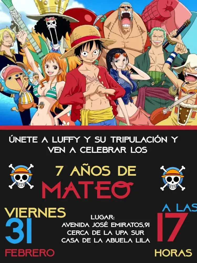 Invitación One Piece Whatsapp – tema Más buscados colores vibrantes, pirata, anime, aventura, infantil