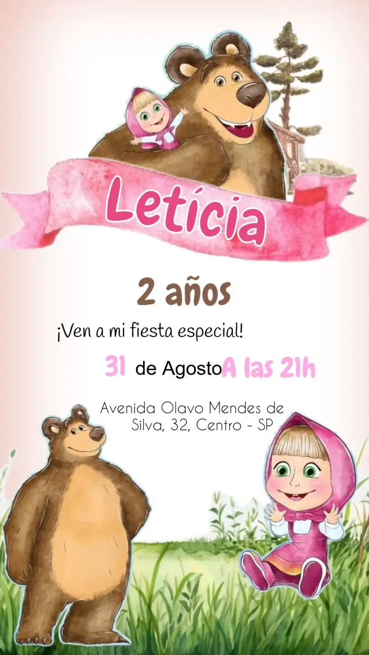 Invitación Decoración de Masha y el Oso – tema Más buscados colorido, divertido, ilustraciones animadas, juguetón, infantil, temático