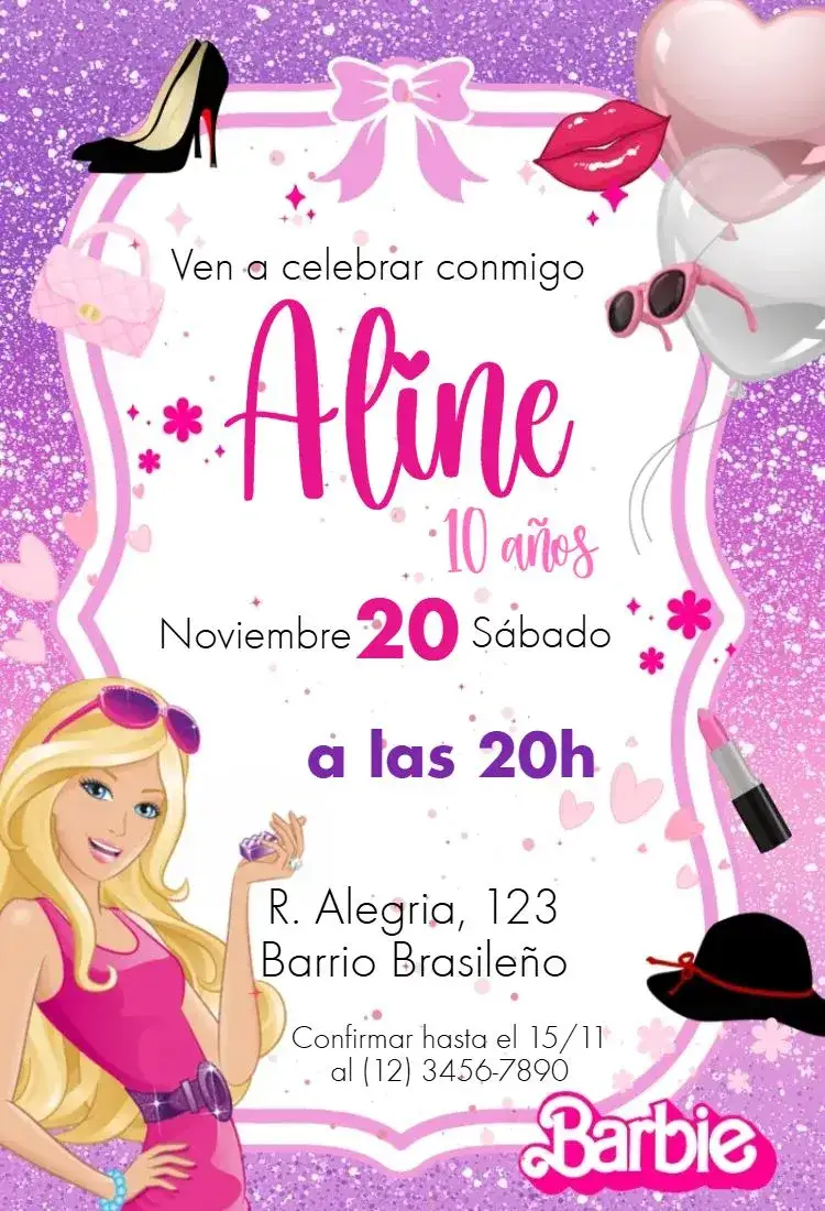 Invitación Barbie – tema Cumpleaños Infantil rosa, brillante, temático, divertido, colorido, femenino
