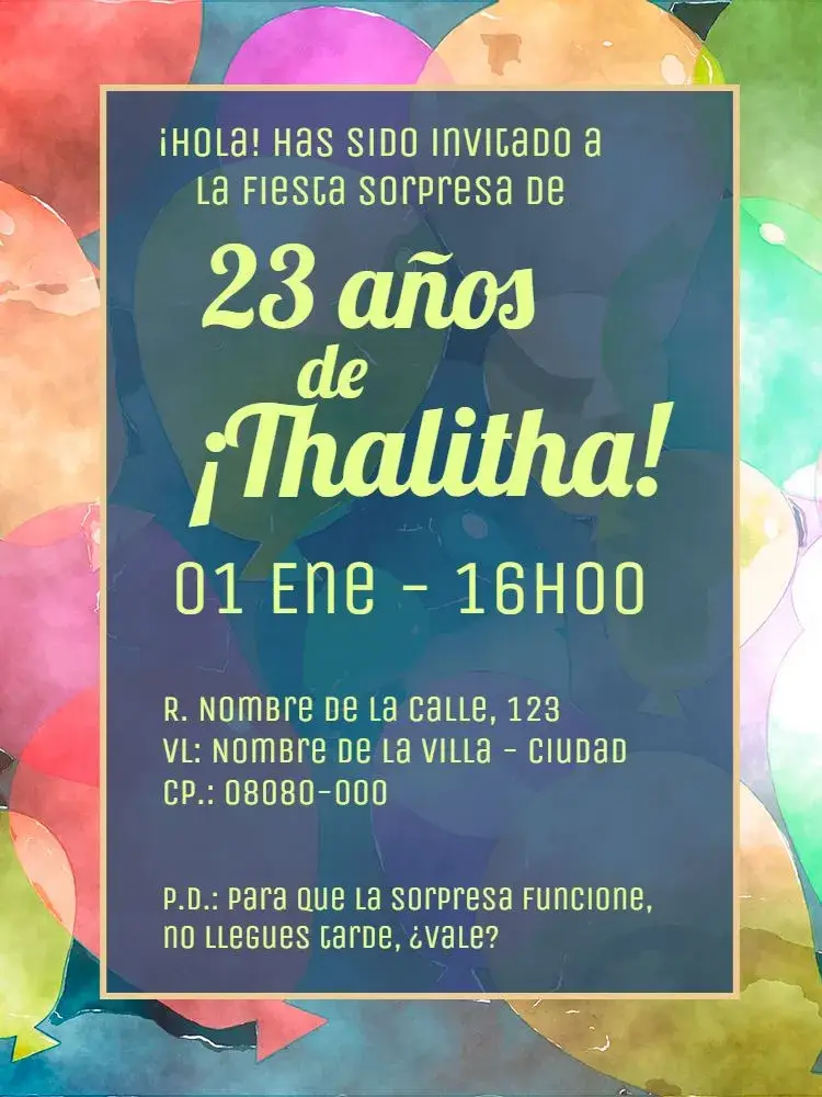 Invitación -Sorpresa Virtual - Globos de Colores