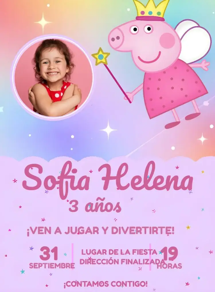 Invitación Peppa Pig Rosa Con Foto Lila