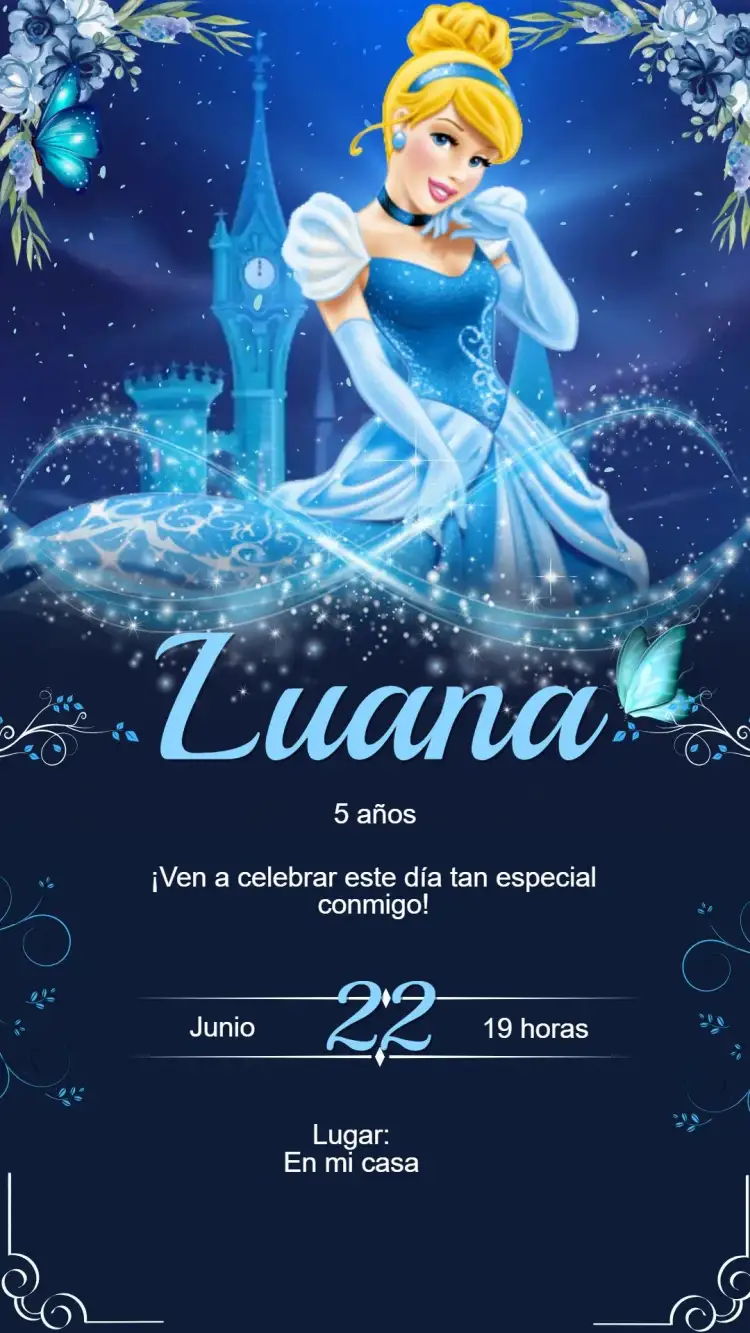 Invitación Invitación Digital Cumpleaños Cenicienta Para Editar – tema Cumpleaños Infantil princesa, cuento de hadas, colores pastel, mágico, brillo, sueños