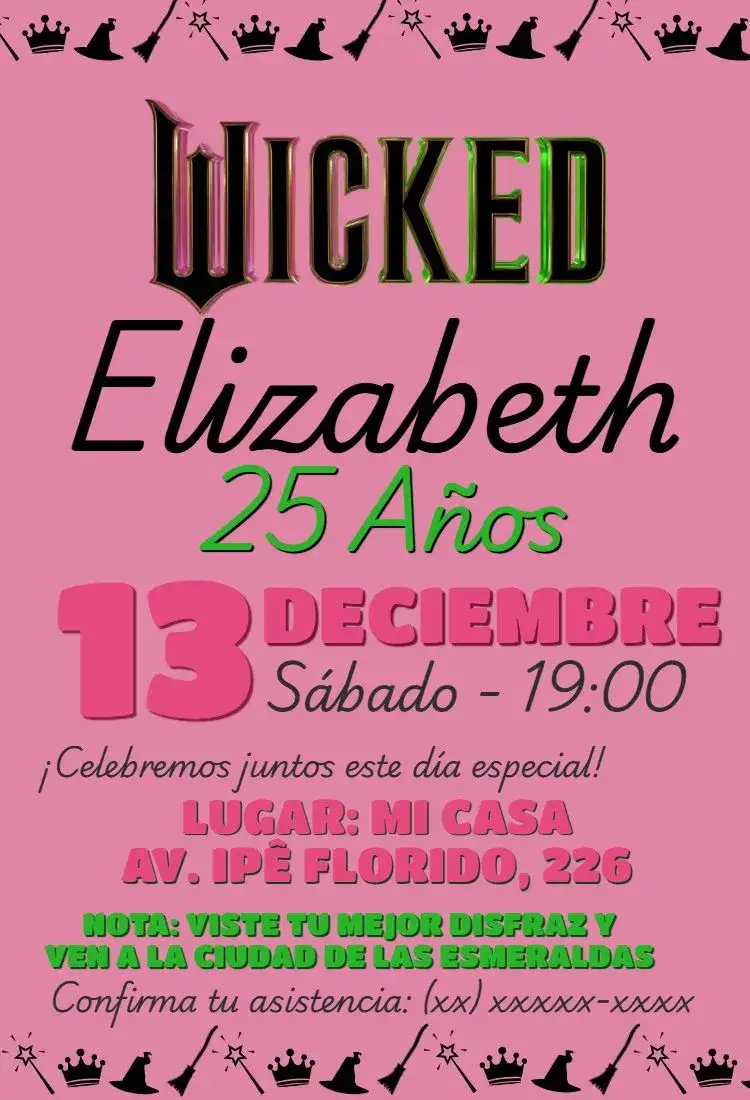 Invitación Cumpleaños de Glinda y Elphaba Wicked rosa – tema Cumpleaños rosa, mágico, teatral, colorido, encantado