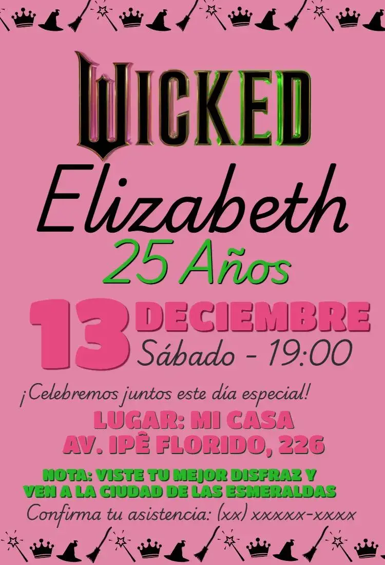 Invitación Cumpleaños de Glinda y Elphaba Wicked rosa