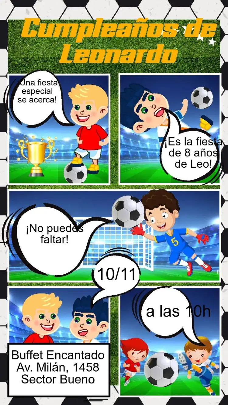 Invitación Fútbol – tema Cumpleaños verde y amarillo, estilo deportivo, gráficos de fútbol, moderno, divertido, temática infantil