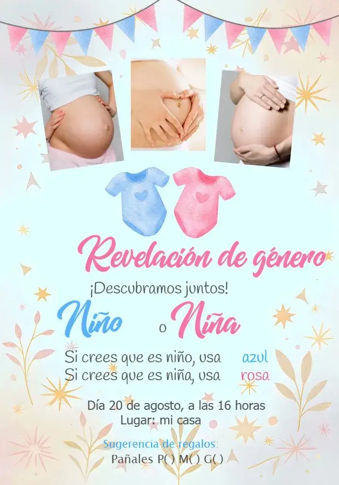 Invitación Invitación Revelación con Foto Body – tema Revelación Bebé moderno, divertido, colorido, lúdico, minimalista