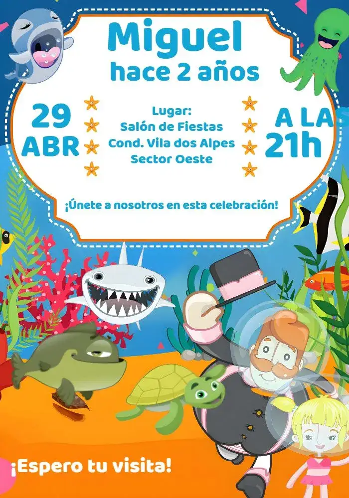Invitación Mundo Bita Fundo Do Mar Colorido – tema Cumpleaños Infantil colorido, marino, divertido, lúdico, infantil, vibrante