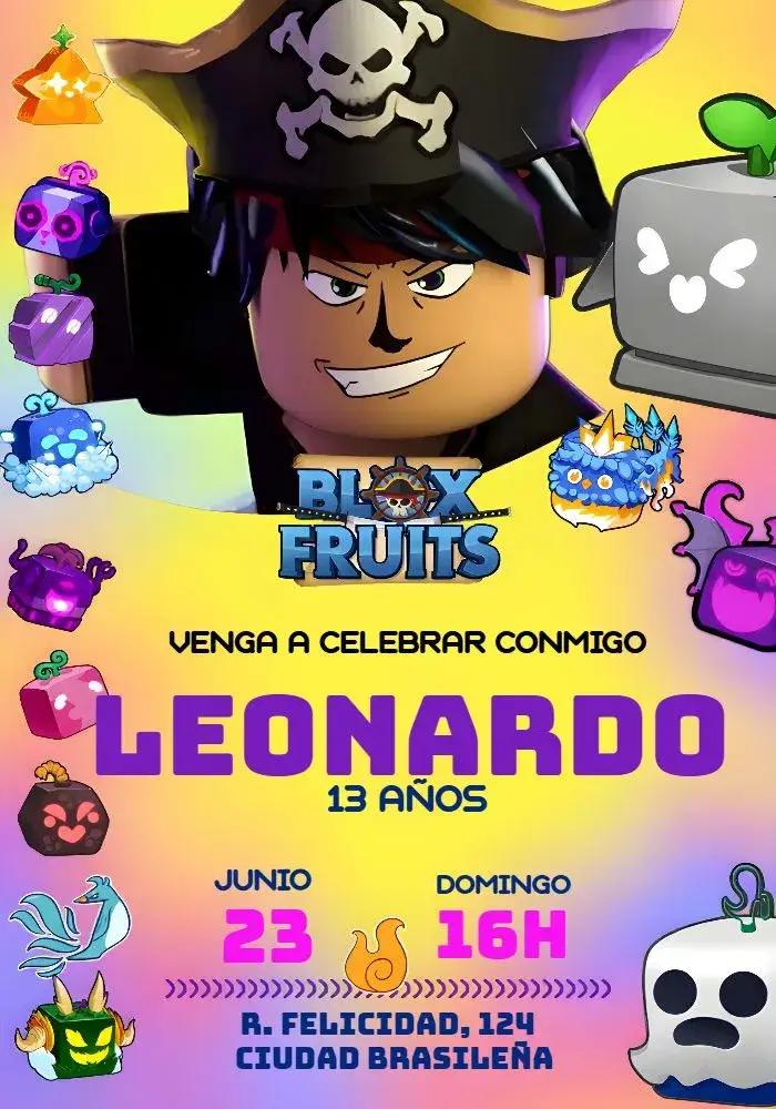 Invitación Blox Fruits Frutinhas editable y personalizable