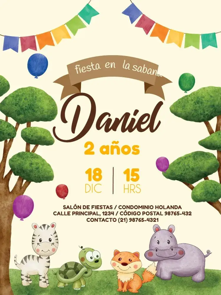 Invitación Safari Baby Colorido Claro – tema Baby Shower colorido, lúdico, temática de safari, ilustraciones de animales, estilo infantil, diseño alegre