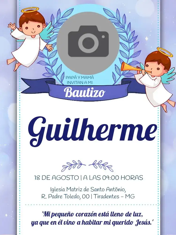 Invitación Bautizo Con Foto Azul – tema Bautismo azul, ángeles, minimalista, delicado, infantil
