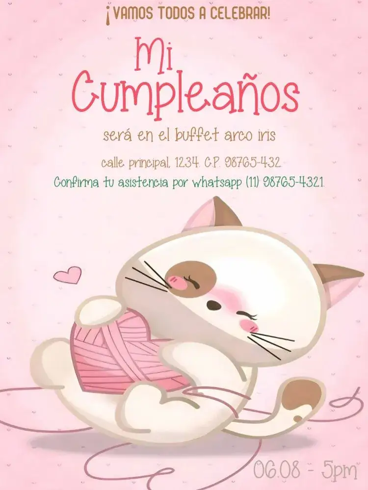 Invitación Gato Novelo Para Editar Delicado – tema Cumpleaños Infantil delicado, floral, lúdico, claro, feminino