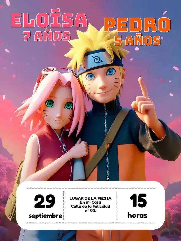 Invitación Doble Naruto y Sakura Akatsuki – tema Cumpleaños Infantil anime, jovial, colorido, temático, divertido