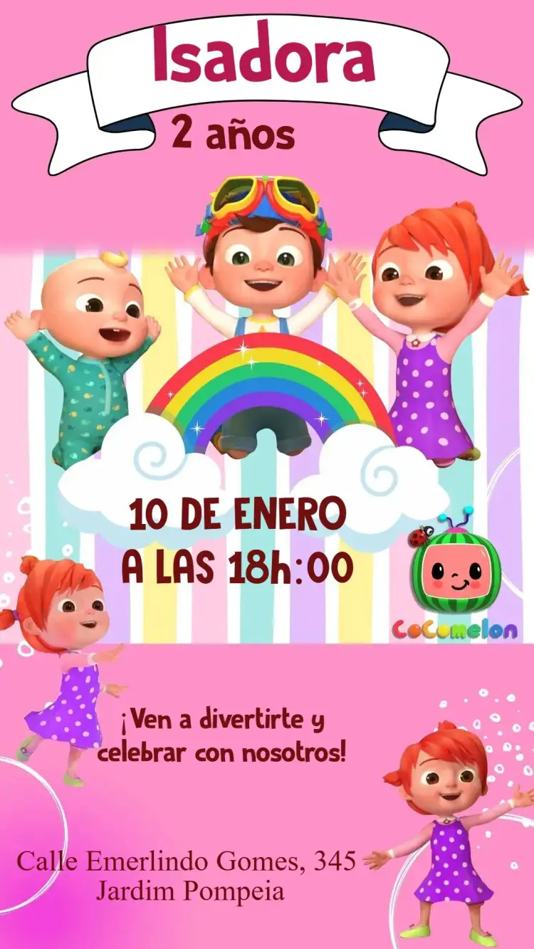 Invitación Cocomelon Niña – tema Cumpleaños Infantil colorido, divertido, infantil, moderno, alegre