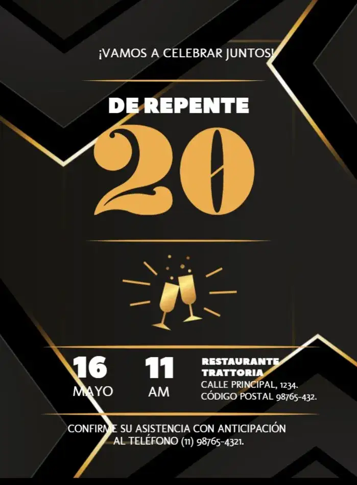 Invitación Repente 20 De – tema 15 años negro, dorado, elegante, clásico, moderno
