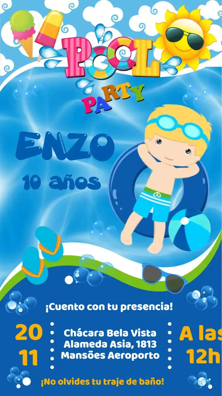 Invitación Cumpleaños Fiesta en la Piscina – tema Cumpleaños colorido, tropical, divertido, marino, desenfadado, infantil