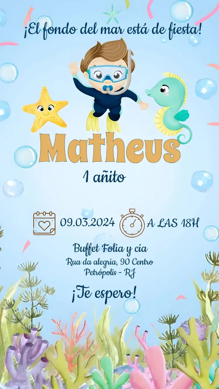 Invitación Fondo Del Mar Acuarela – tema Cumpleaños Infantil acuarela, marino, colorido, infantil, lúdico, temático