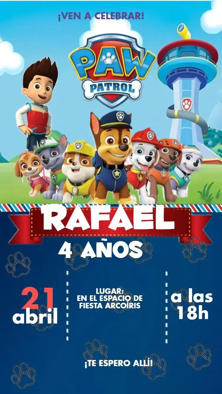 Invitación Patrulla Canina – tema Más buscados azul, rojo, divertido, temático, infantil