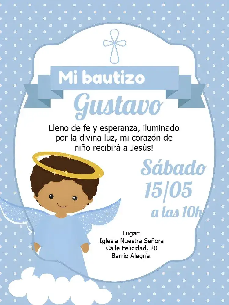 Invitación Bautizo Angelito Niño – tema Bautismo azul, blanco, dorado, amarillo, angelitos, diseño delicado