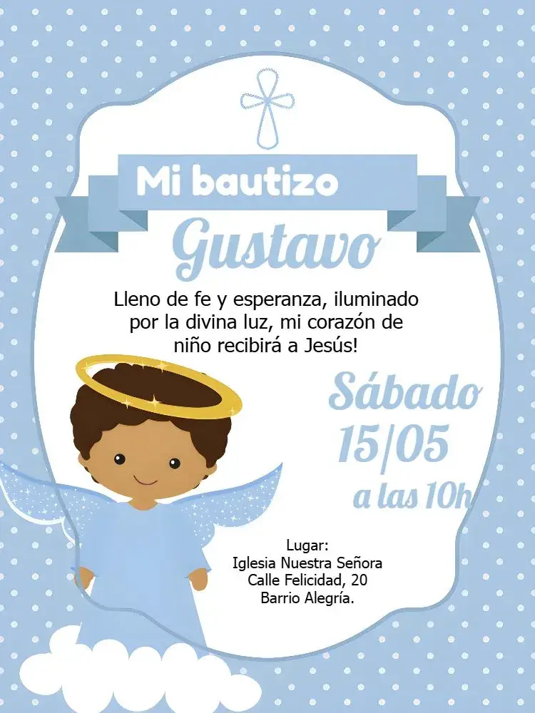 Invitación Bautizo Angelito Niño editable y personalizable