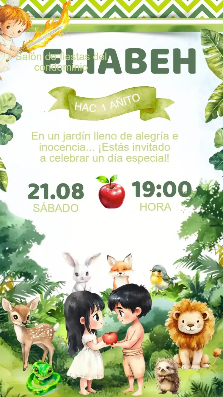 Invitación Cumpleaños Adán y Eva en el Jardín del Edén