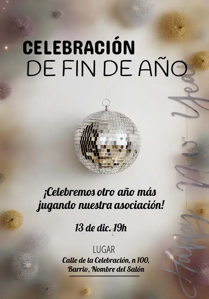 Invitación Celebración de Fin de Año Dorado – tema Fechas Conmemorativas dorado, plata, festivo, elegante, moderno, brillante