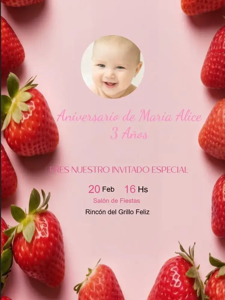 Invitación Fresa Infantil Niña Rosa – tema Cumpleaños Infantil delicado, rosa, temática de animales, temática de naturaleza, colorido, tierno