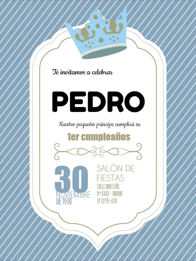 Invitación 1er Pequeño Príncipe 1 Añito Azul – tema Baby Shower azul, gris, a rayas, infantil, moderno, elegante
