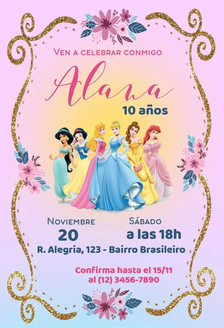 Invitación Princesas – tema Cumpleaños Infantil colorido, fantástico, delicado, mágico, temático, infantil