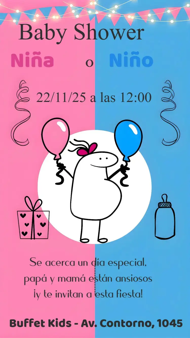Invitación Baby Shower – tema Revelación Bebé floral, moderno, colorido, minimalista, blanco y dorado