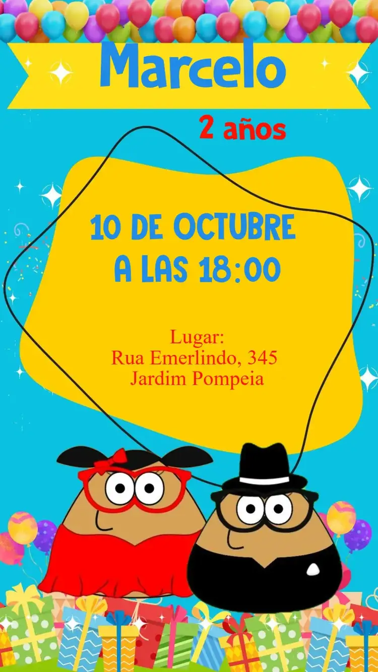 Invitación Pou Azul – tema Cumpleaños colorido, divertido, infantil, moderno, lúdico
