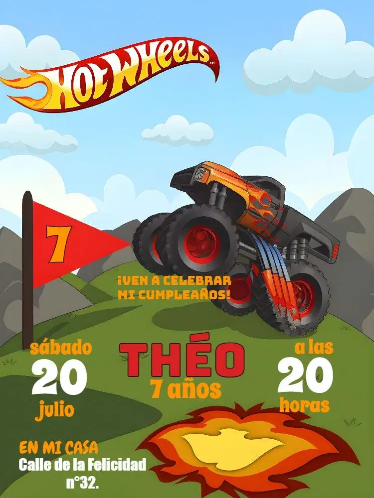 Invitación Monster Truck Hot Wheels Fuego – tema Más buscados vibrante, caluroso, aventura, carrera, infantil, dinámico