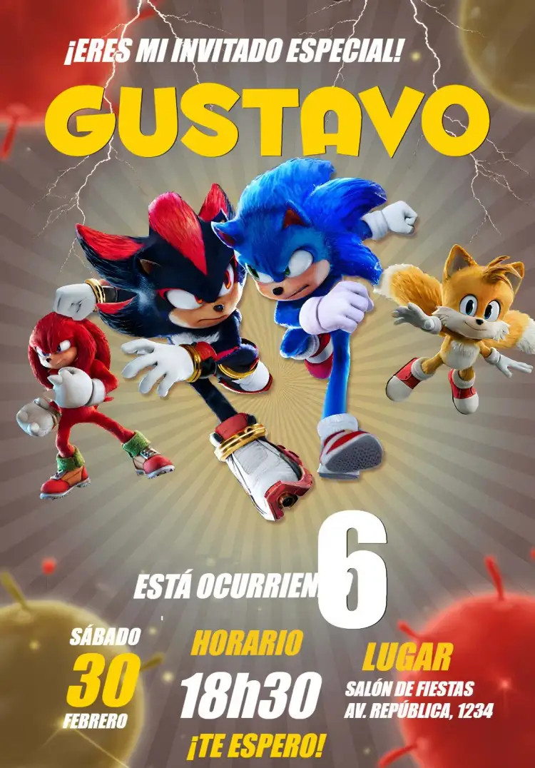 Invitación Sonic 3 Dark – tema Cumpleaños Infantil estilo moderno, colores oscuros, diseño vibrante, elementos gráficos de película, jugador estético, tema de aventura