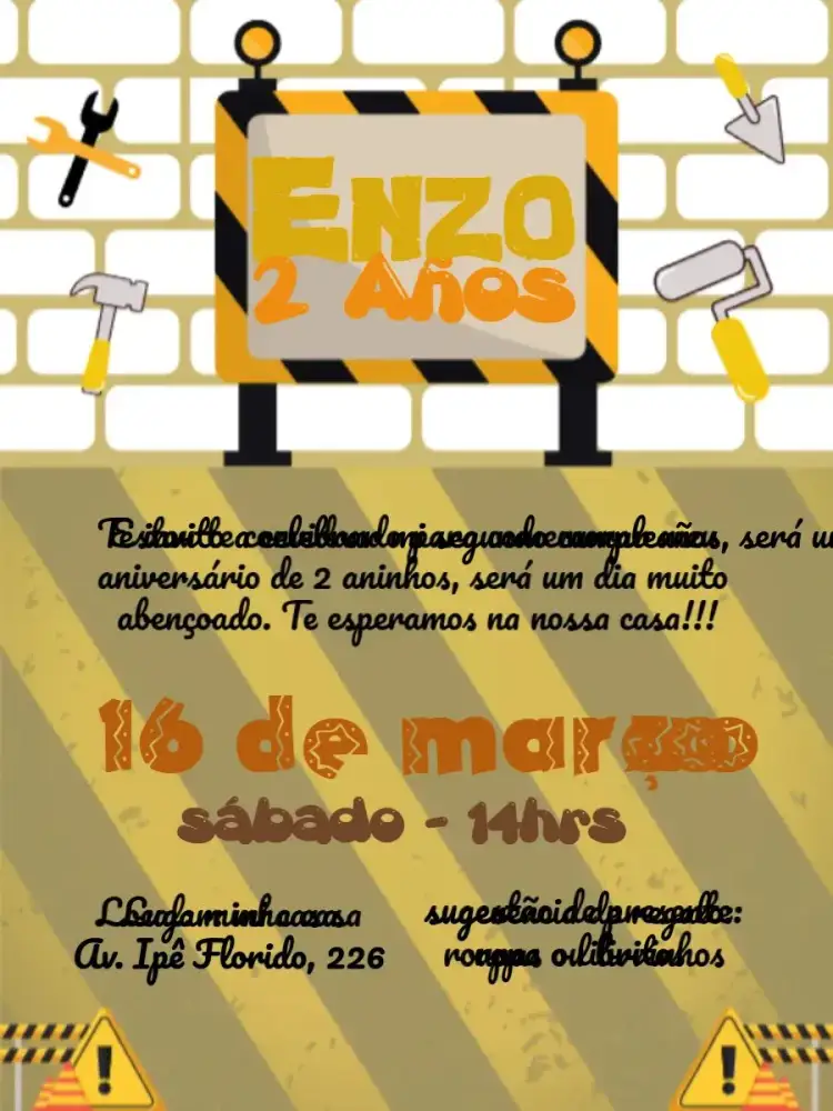 Invitación Fiesta de Construcción – tema Té Rifa construcción, colorido, infantil, divertido, temático