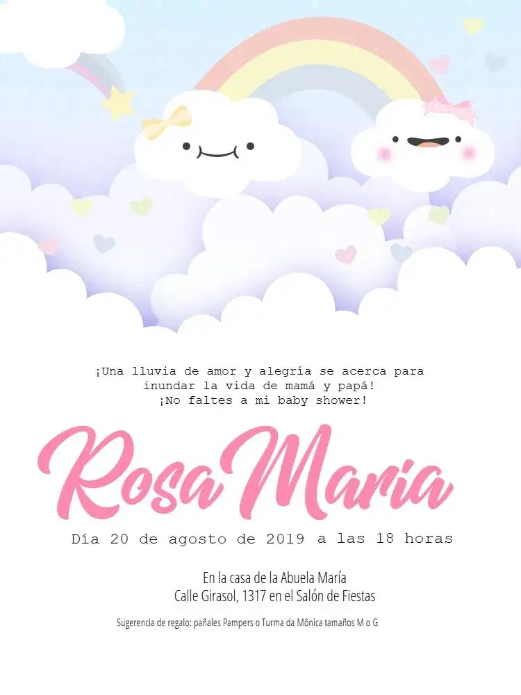 Invitación Lluvia De Amor Whatsapp – tema Baby Shower lindo, colorido, infantil, nuvens, corações, arco-íris