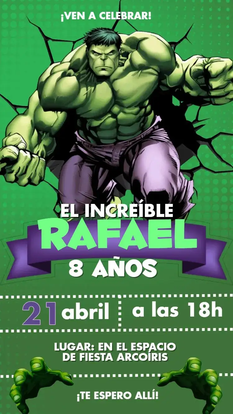 Invitación El increíble Hulk – tema Cumpleaños Infantil verde vibrante, púrpura llamativo, estilo cómic, elementos gráficos de superhéroes, diseño divertido