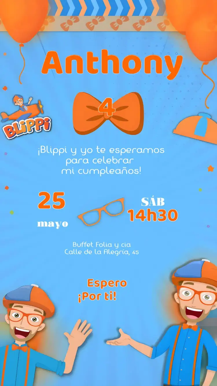 Invitación Blippi Infantil – tema Más buscados colorido, divertido, infantil, juguetón, temático, vibrante