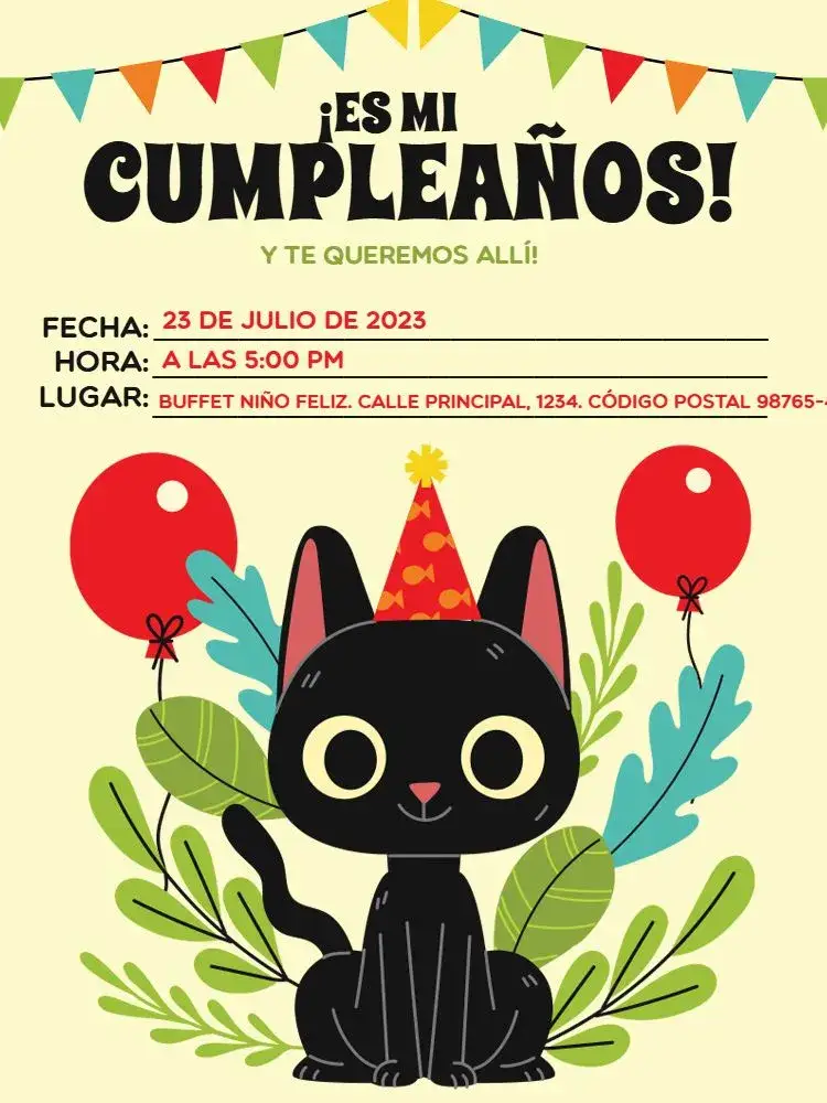 Invitación Celebración Gato Verde – tema Cumpleaños Infantil colorido, lúdico, animal, verde, moderno, divertido