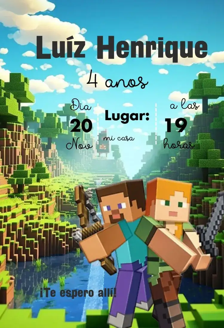 Invitación Invitación Minecraft – tema Cumpleaños Infantil colorido, temático, juegos, arte pixel, diversión