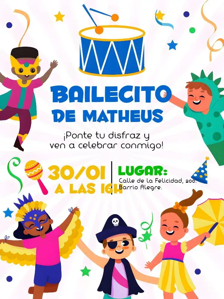 Invitación Bloquinho De Carnaval Samba – tema Fechas Conmemorativas colorido, carnaval, samba, juguetón, divertido, infantil